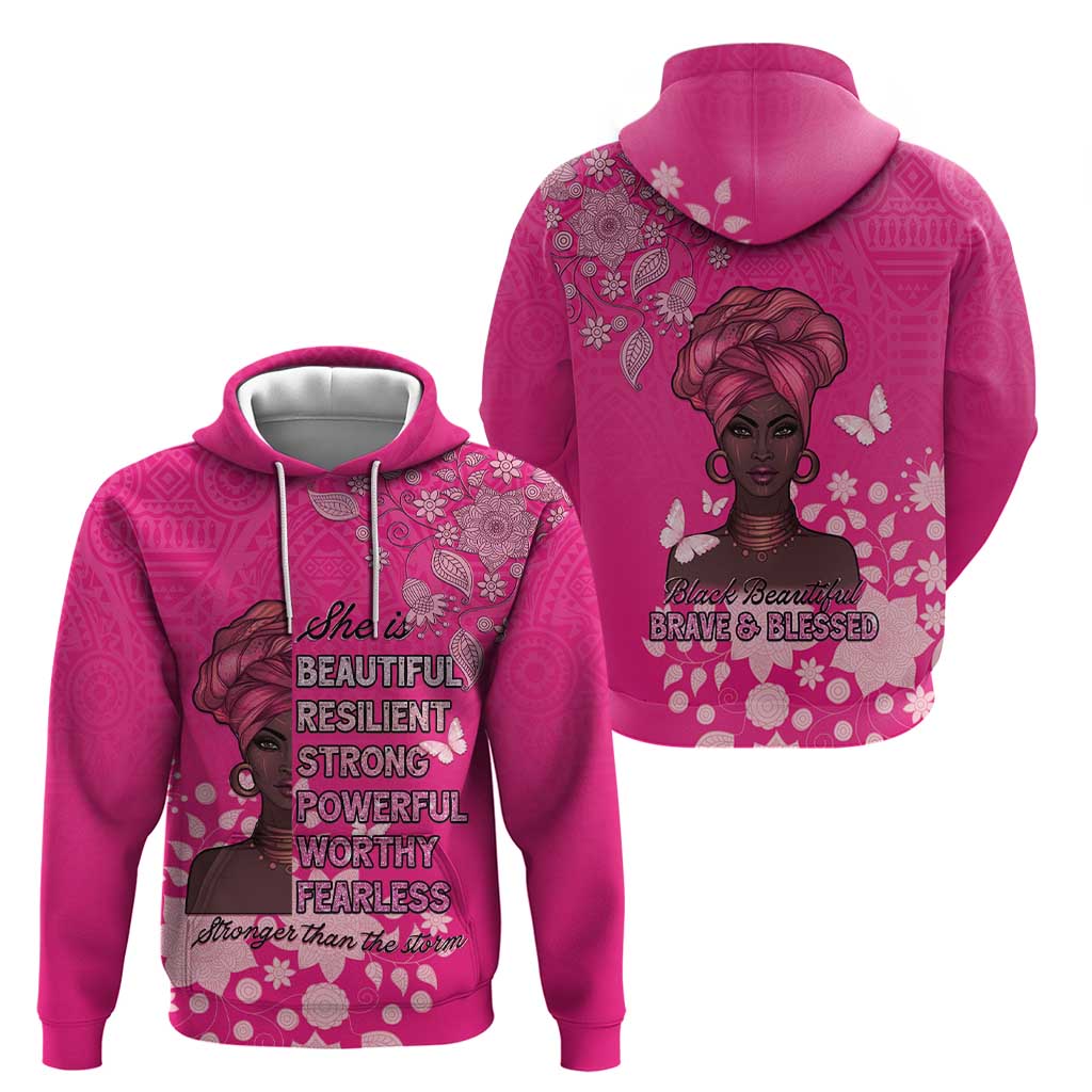African Women Zip Hoodie Black Beautiful Brave and Bressed - Pink Color - Wonder Print Shop