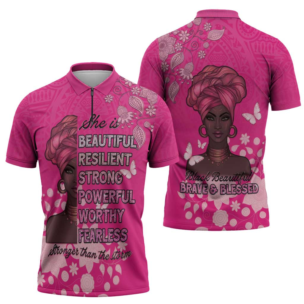 African Women Zipper Polo Shirt Black Beautiful Brave and Bressed - Pink Color - Wonder Print Shop