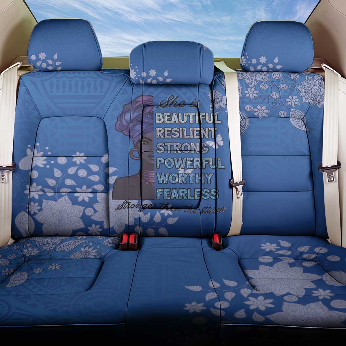 African Women Back Car Seat Cover Black Beautiful Brave and Bressed - Blue Color - Wonder Print Shop