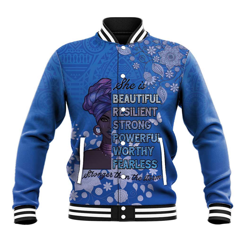 African Women Baseball Jacket Black Beautiful Brave and Bressed - Blue Color - Wonder Print Shop