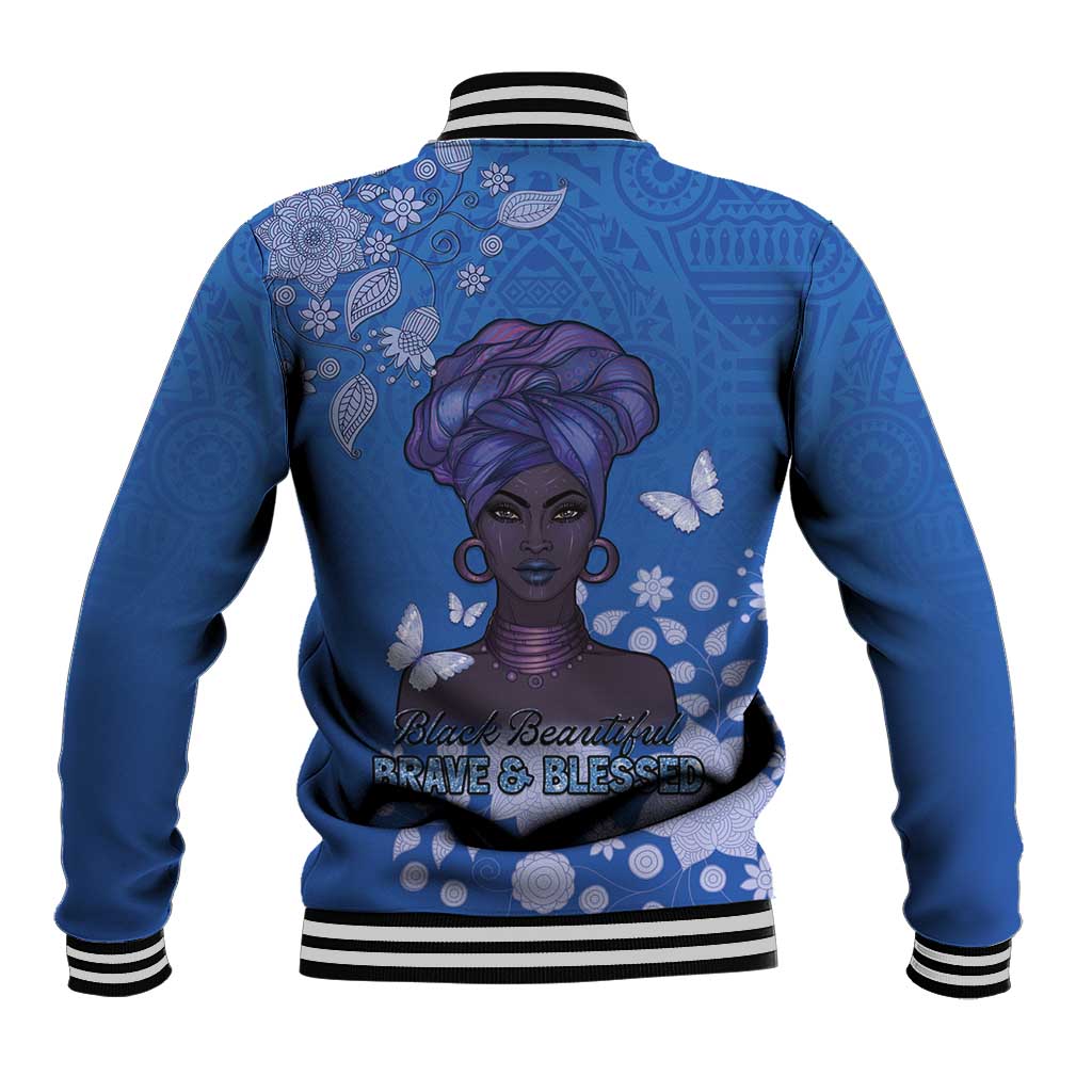 African Women Baseball Jacket Black Beautiful Brave and Bressed - Blue Color - Wonder Print Shop