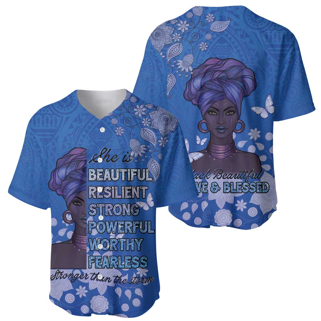African Women Baseball Jersey Black Beautiful Brave and Bressed - Blue Color - Wonder Print Shop