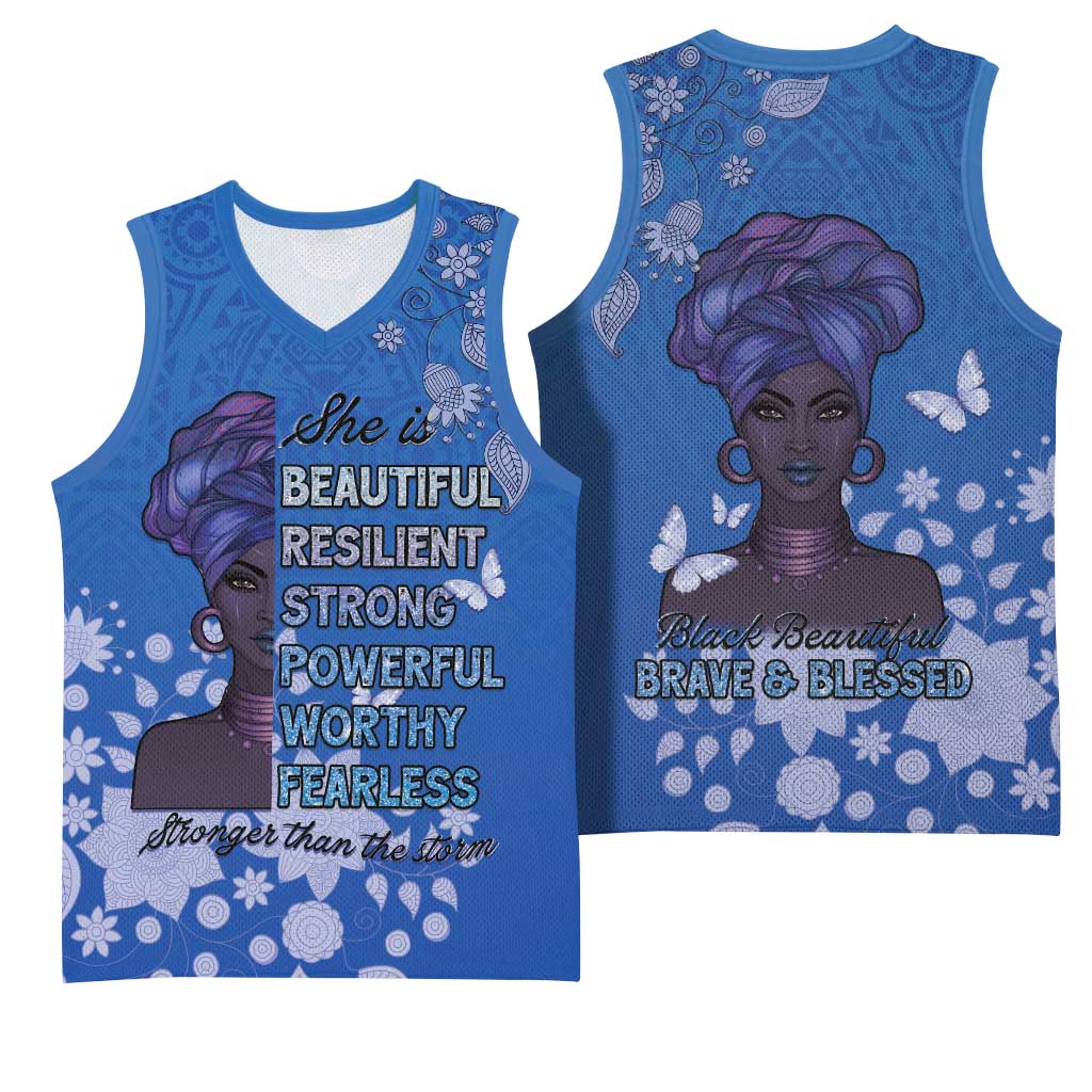 African Women Basketball Jersey Black Beautiful Brave and Bressed - Blue Color - Wonder Print Shop