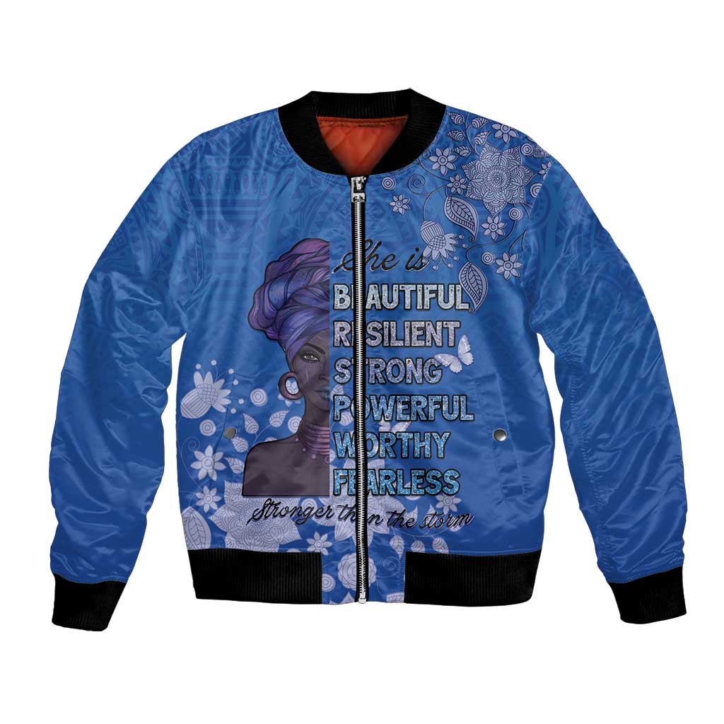 African Women Bomber Jacket Black Beautiful Brave and Bressed - Blue Color - Wonder Print Shop