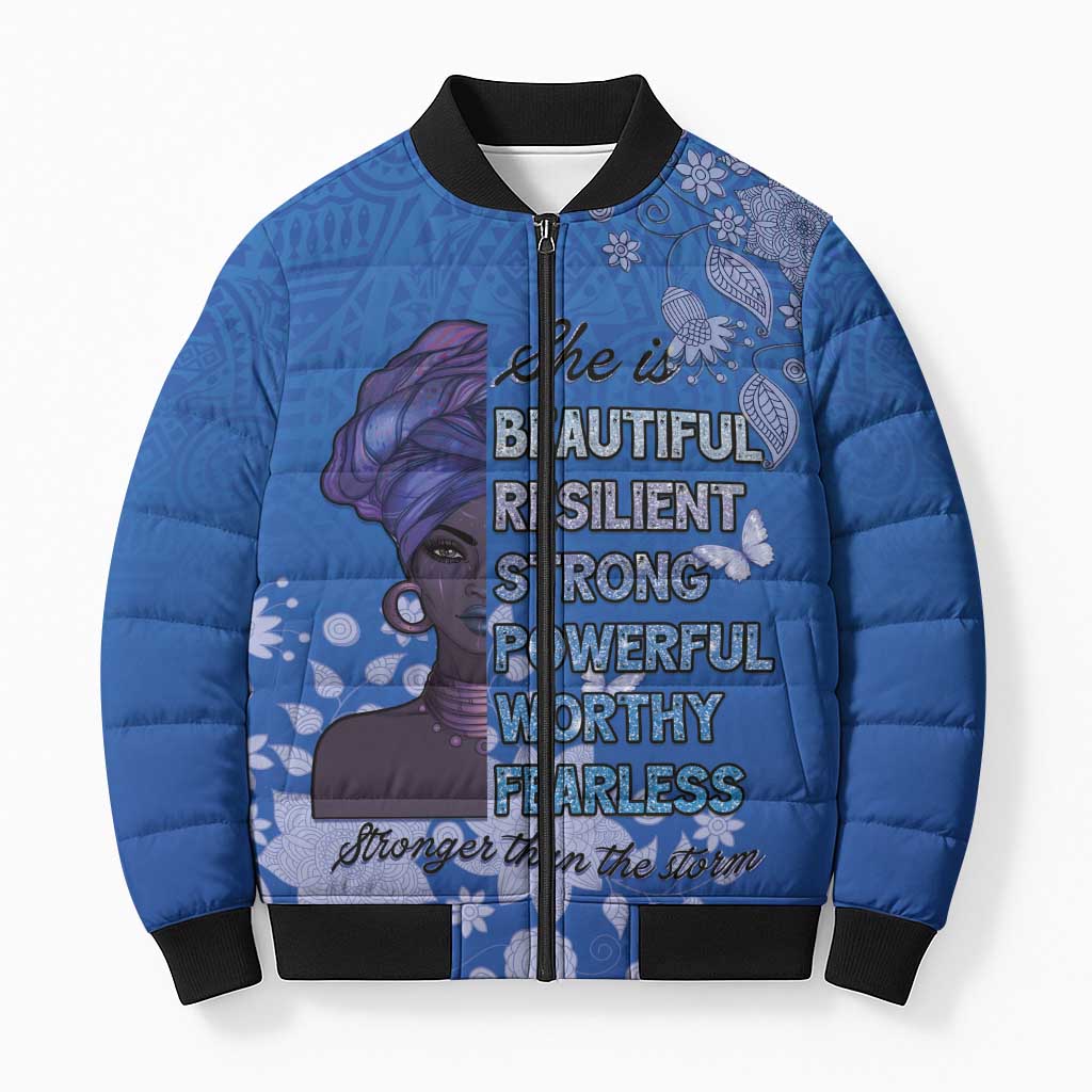 African Women Bomber Puffer Jacket Black Beautiful Brave and Bressed - Blue Color - Wonder Print Shop