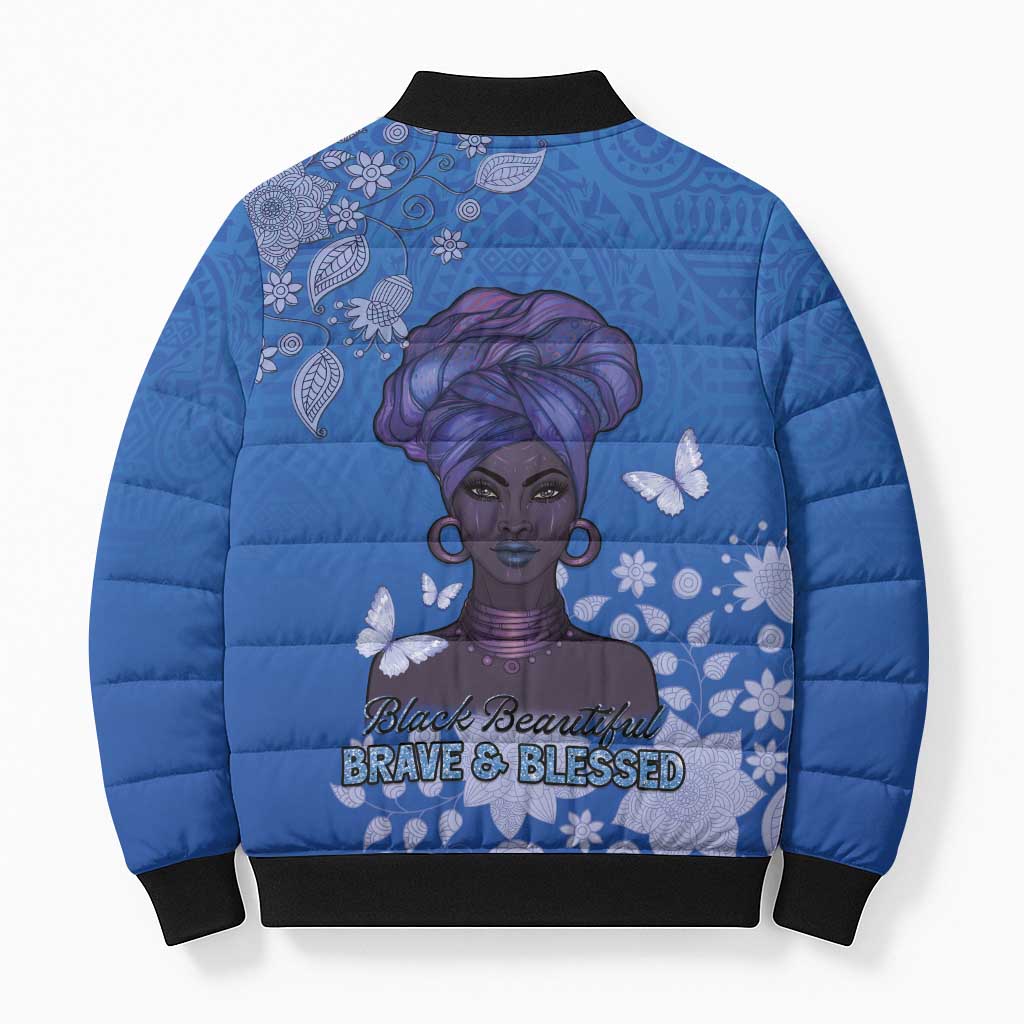 African Women Bomber Puffer Jacket Black Beautiful Brave and Bressed - Blue Color - Wonder Print Shop
