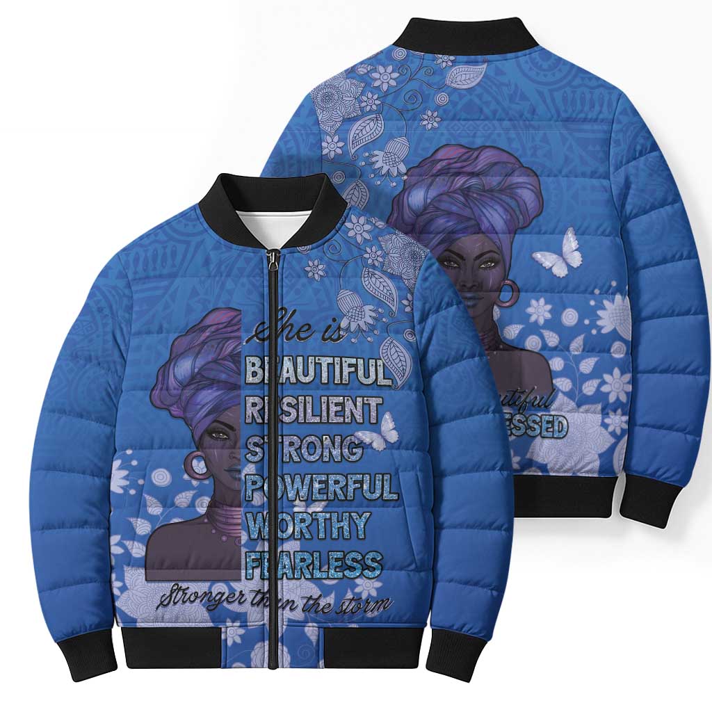 African Women Bomber Puffer Jacket Black Beautiful Brave and Bressed - Blue Color - Wonder Print Shop