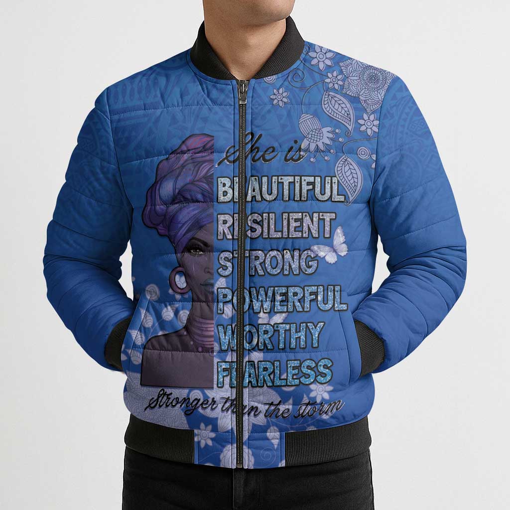 African Women Bomber Puffer Jacket Black Beautiful Brave and Bressed - Blue Color - Wonder Print Shop