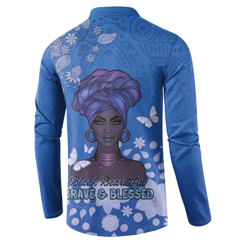 African Women Button Sweatshirt Black Beautiful Brave and Bressed - Blue Color - Wonder Print Shop