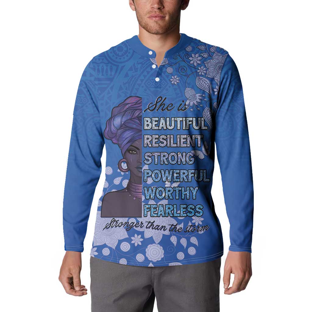 African Women Button Sweatshirt Black Beautiful Brave and Bressed - Blue Color - Wonder Print Shop