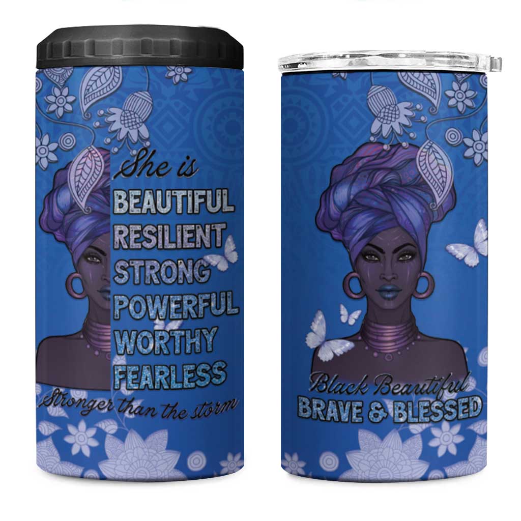 African Women 4 in 1 Can Cooler Tumbler Black Beautiful Brave and Bressed - Blue Color - Wonder Print Shop