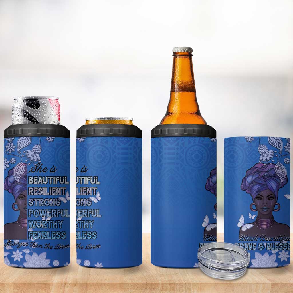 African Women 4 in 1 Can Cooler Tumbler Black Beautiful Brave and Bressed - Blue Color - Wonder Print Shop