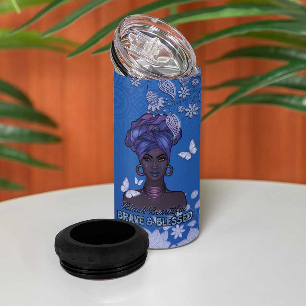 African Women 4 in 1 Can Cooler Tumbler Black Beautiful Brave and Bressed - Blue Color - Wonder Print Shop