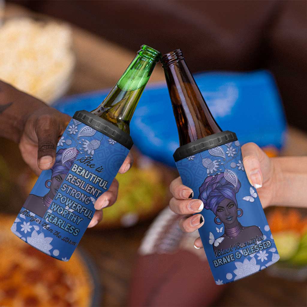 African Women 4 in 1 Can Cooler Tumbler Black Beautiful Brave and Bressed - Blue Color - Wonder Print Shop