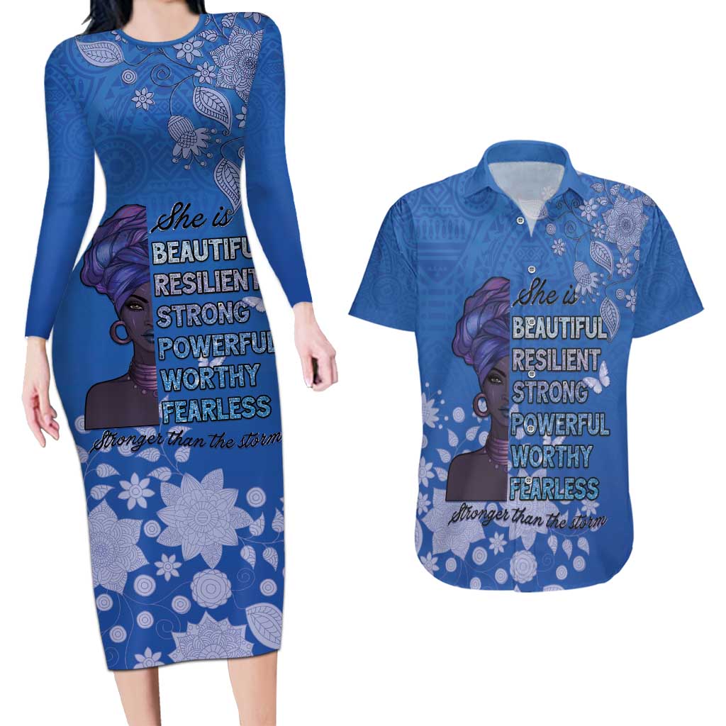 African Women Couples Matching Long Sleeve Bodycon Dress and Hawaiian Shirt Black Beautiful Brave and Bressed - Blue Color - Wonder Print Shop