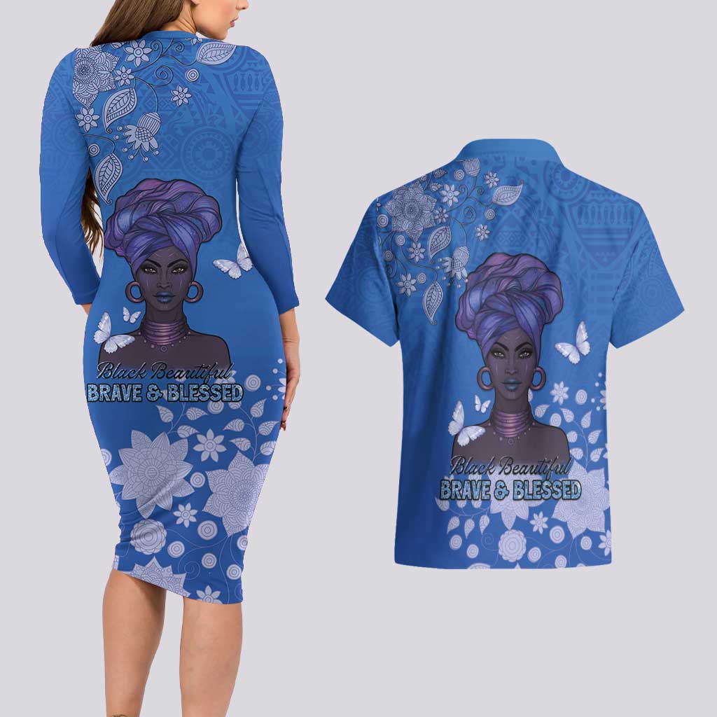 African Women Couples Matching Long Sleeve Bodycon Dress and Hawaiian Shirt Black Beautiful Brave and Bressed - Blue Color - Wonder Print Shop