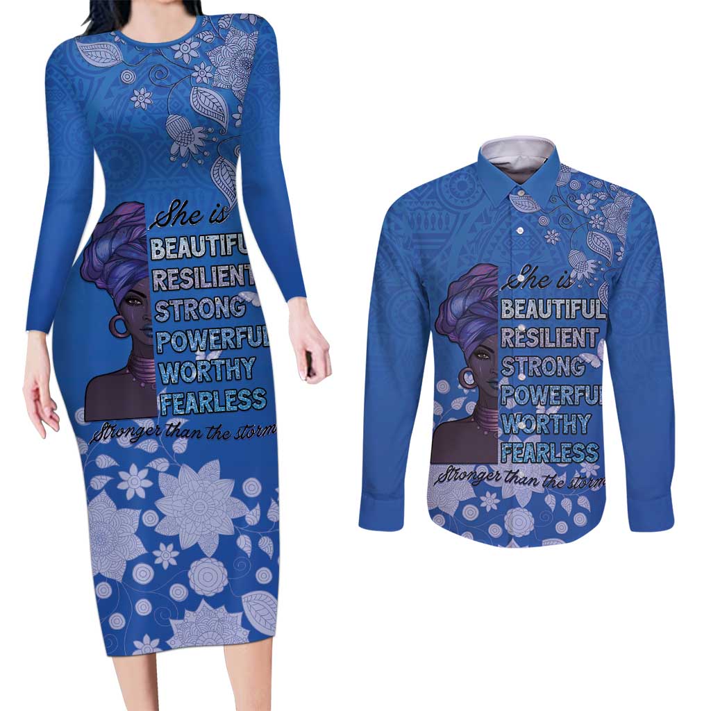 African Women Couples Matching Long Sleeve Bodycon Dress and Long Sleeve Button Shirt Black Beautiful Brave and Bressed - Blue Color - Wonder Print Shop