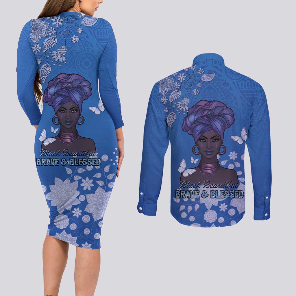 African Women Couples Matching Long Sleeve Bodycon Dress and Long Sleeve Button Shirt Black Beautiful Brave and Bressed - Blue Color - Wonder Print Shop