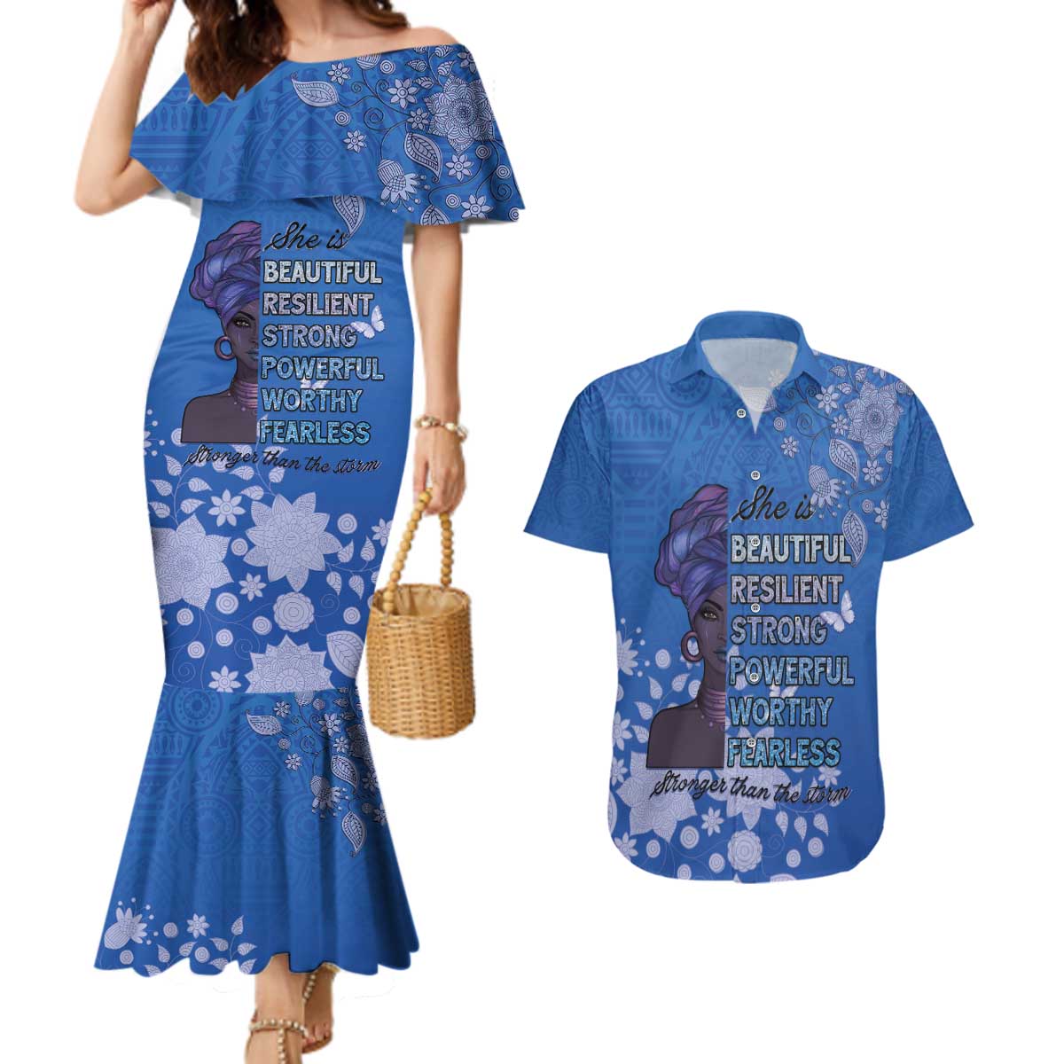 African Women Couples Matching Mermaid Dress and Hawaiian Shirt Black Beautiful Brave and Bressed - Blue Color - Wonder Print Shop