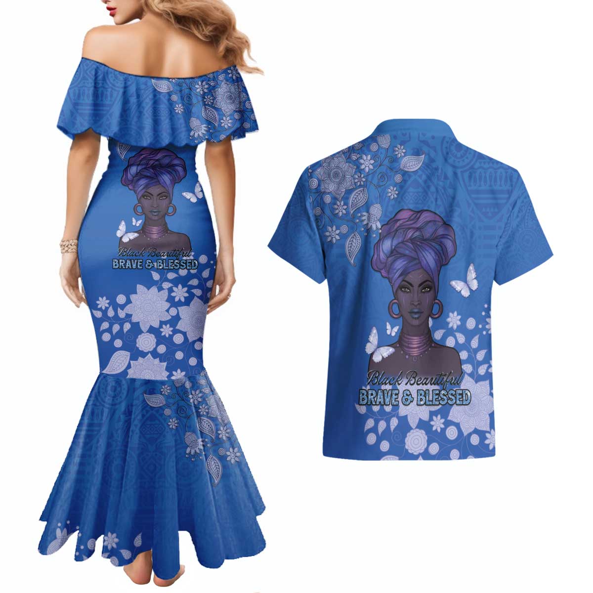 African Women Couples Matching Mermaid Dress and Hawaiian Shirt Black Beautiful Brave and Bressed - Blue Color - Wonder Print Shop
