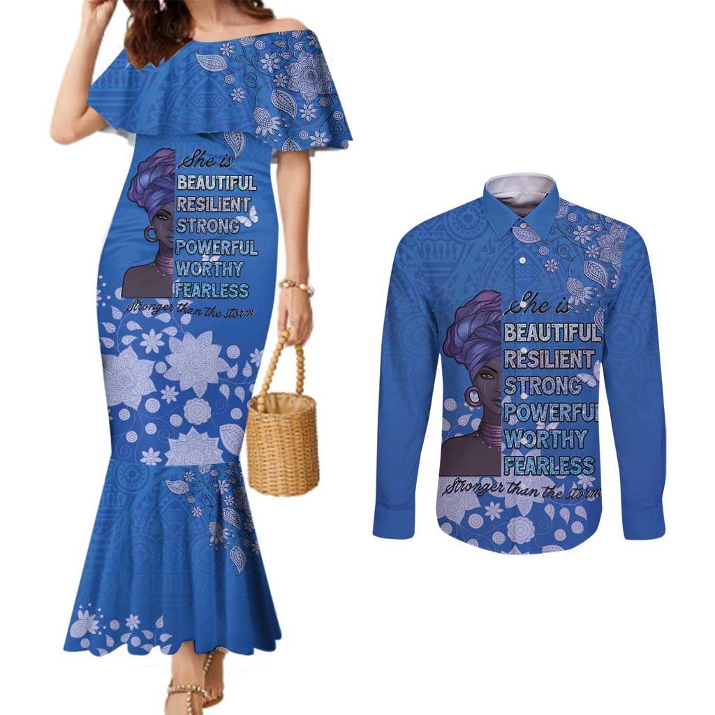 African Women Couples Matching Mermaid Dress and Long Sleeve Button Shirt Black Beautiful Brave and Bressed - Blue Color - Wonder Print Shop