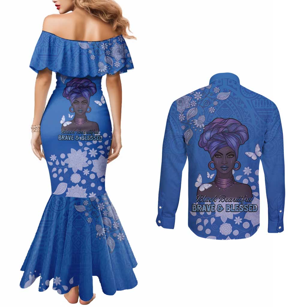 African Women Couples Matching Mermaid Dress and Long Sleeve Button Shirt Black Beautiful Brave and Bressed - Blue Color - Wonder Print Shop