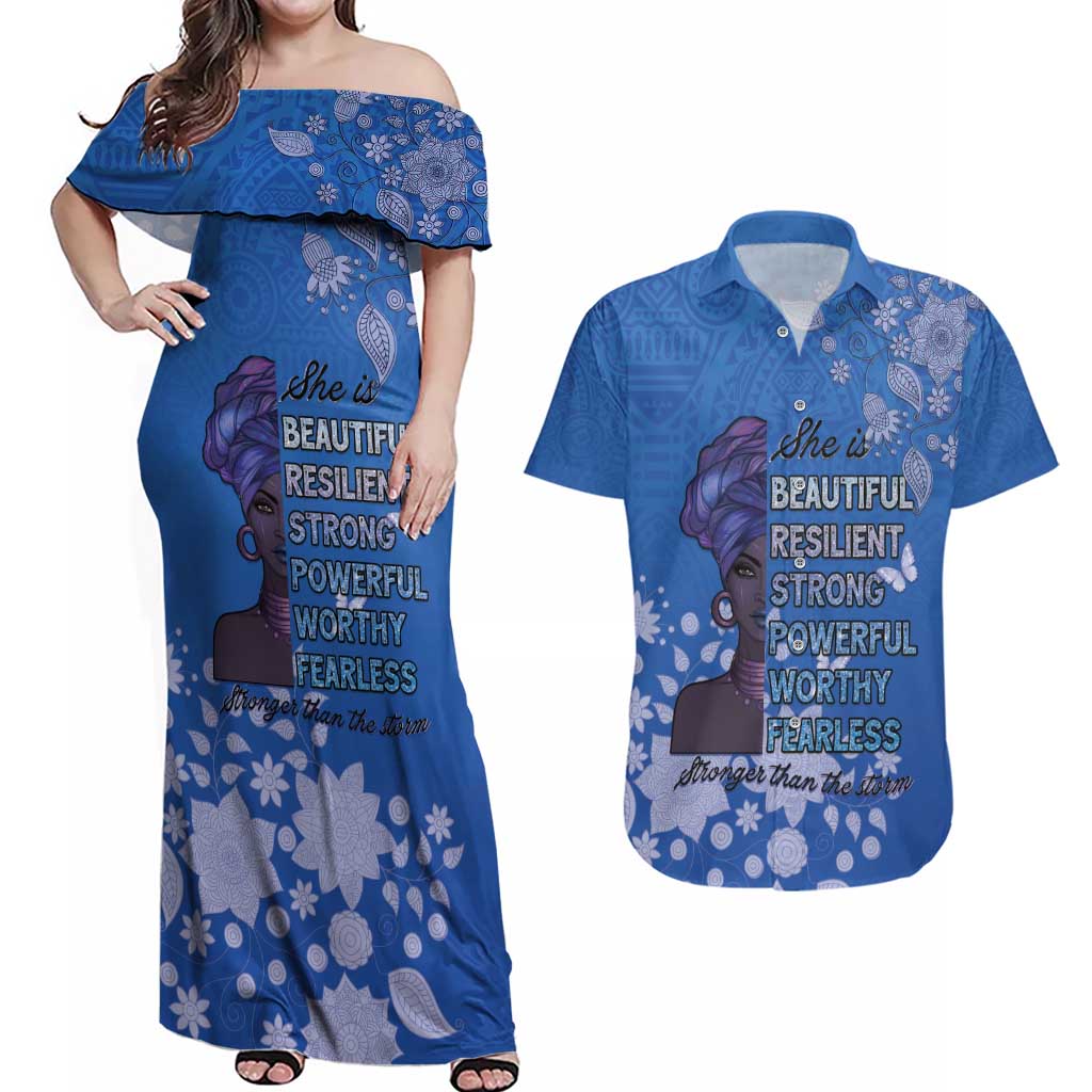 African Women Couples Matching Off Shoulder Maxi Dress and Hawaiian Shirt Black Beautiful Brave and Bressed - Blue Color - Wonder Print Shop