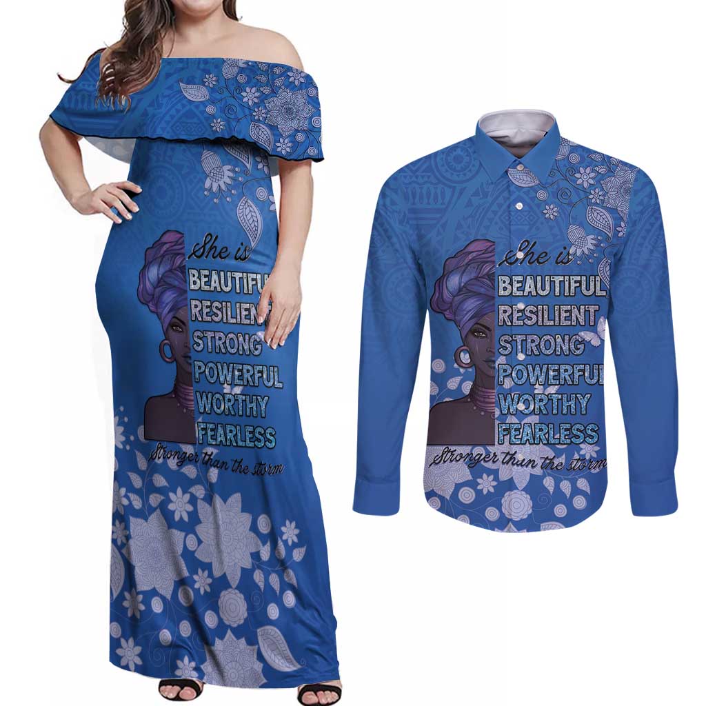 African Women Couples Matching Off Shoulder Maxi Dress and Long Sleeve Button Shirt Black Beautiful Brave and Bressed - Blue Color - Wonder Print Shop