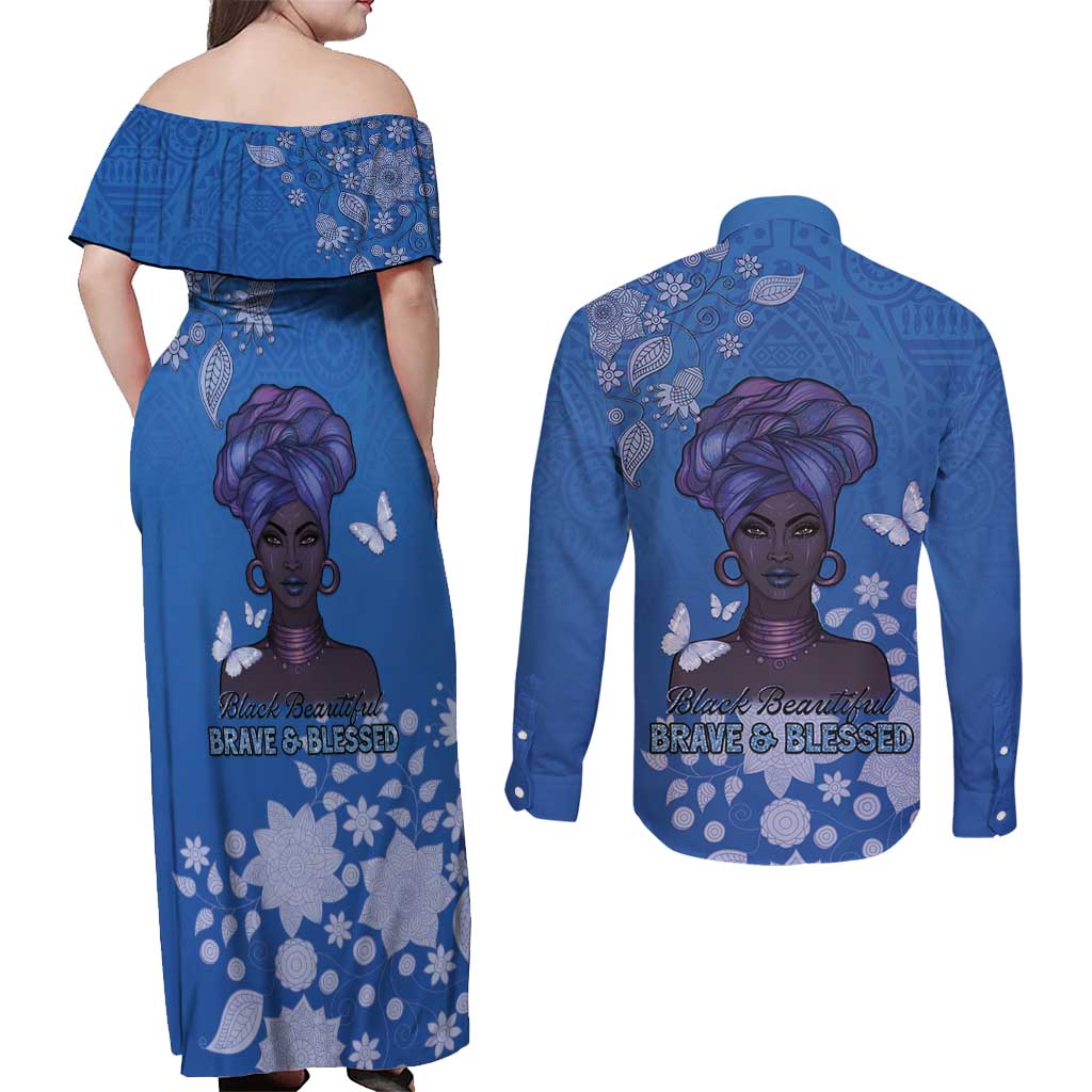 African Women Couples Matching Off Shoulder Maxi Dress and Long Sleeve Button Shirt Black Beautiful Brave and Bressed - Blue Color - Wonder Print Shop
