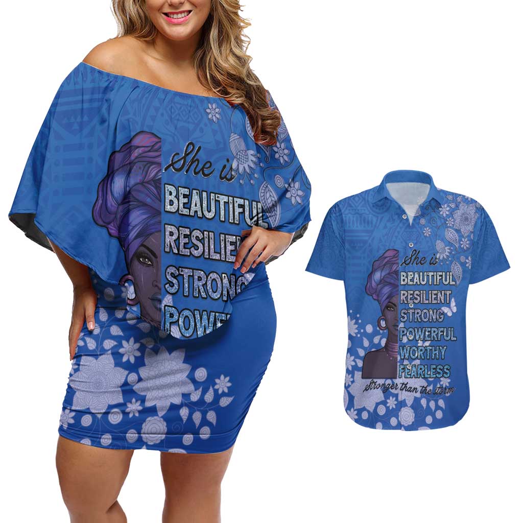 African Women Couples Matching Off Shoulder Short Dress and Hawaiian Shirt Black Beautiful Brave and Bressed - Blue Color - Wonder Print Shop