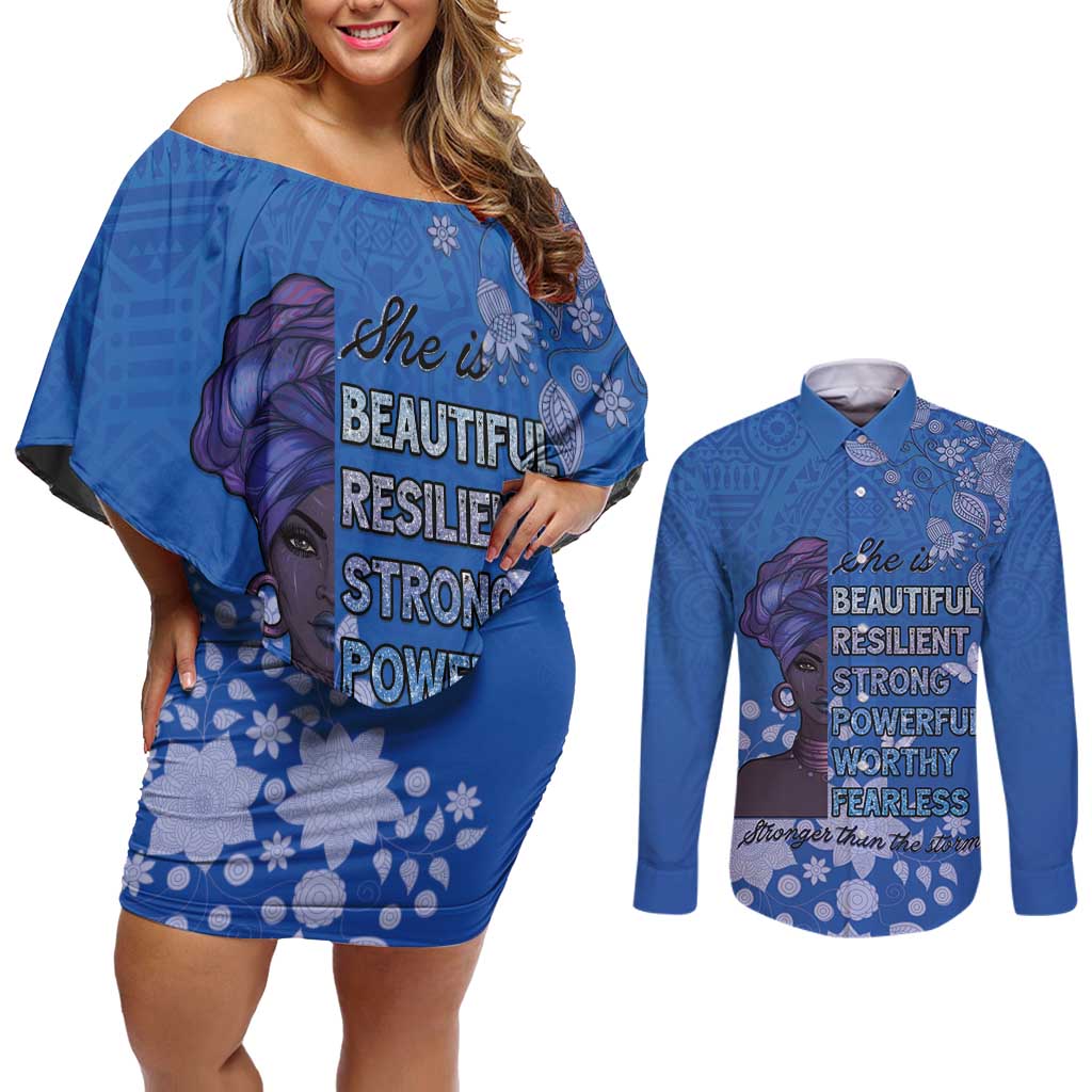 African Women Couples Matching Off Shoulder Short Dress and Long Sleeve Button Shirt Black Beautiful Brave and Bressed - Blue Color - Wonder Print Shop
