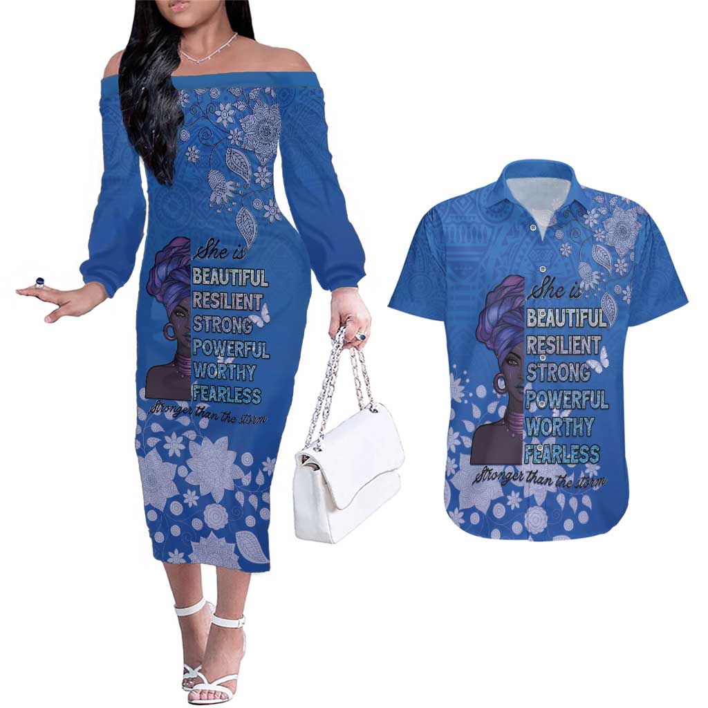 African Women Couples Matching Off The Shoulder Long Sleeve Dress and Hawaiian Shirt Black Beautiful Brave and Bressed - Blue Color - Wonder Print Shop