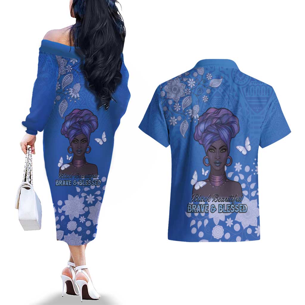 African Women Couples Matching Off The Shoulder Long Sleeve Dress and Hawaiian Shirt Black Beautiful Brave and Bressed - Blue Color - Wonder Print Shop