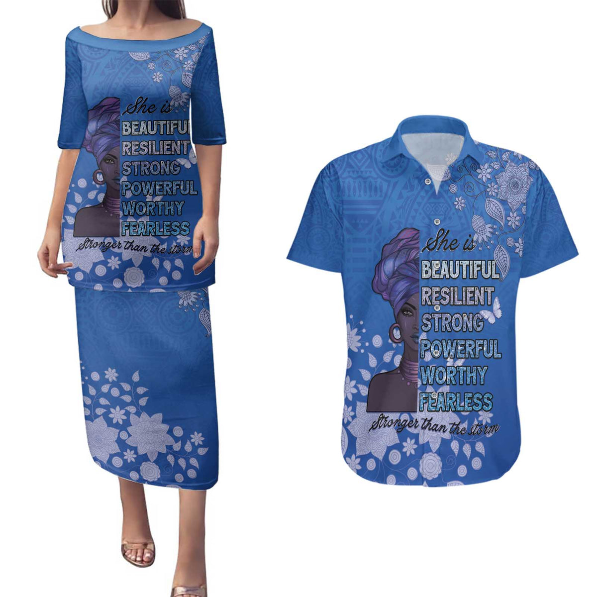African Women Couples Matching Puletasi and Hawaiian Shirt Black Beautiful Brave and Bressed - Blue Color - Wonder Print Shop