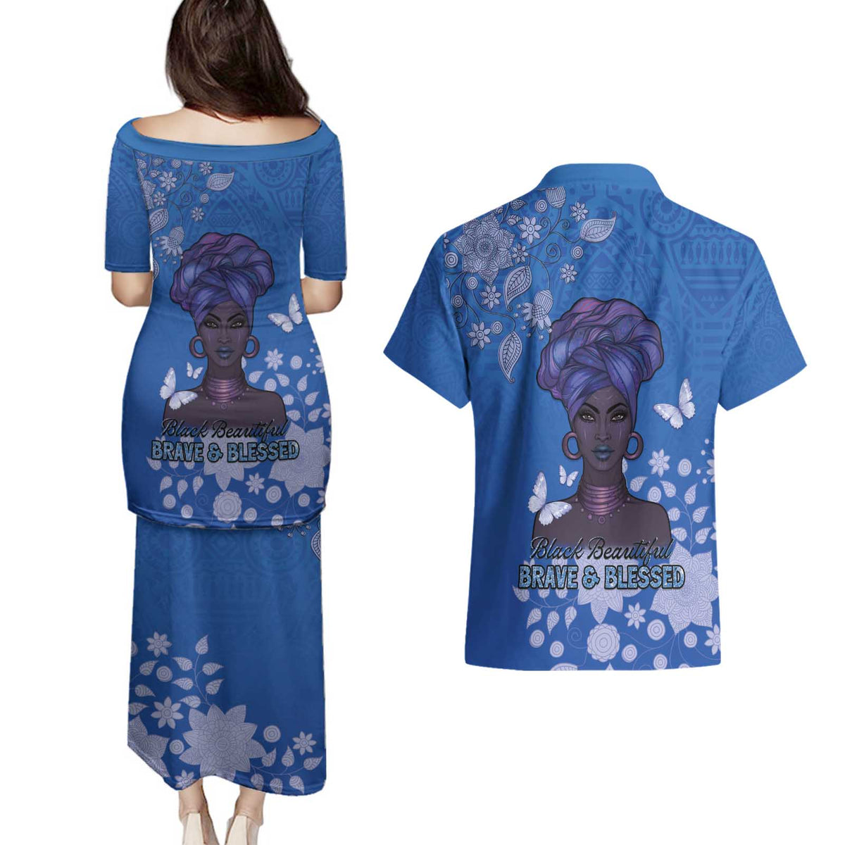 African Women Couples Matching Puletasi and Hawaiian Shirt Black Beautiful Brave and Bressed - Blue Color - Wonder Print Shop