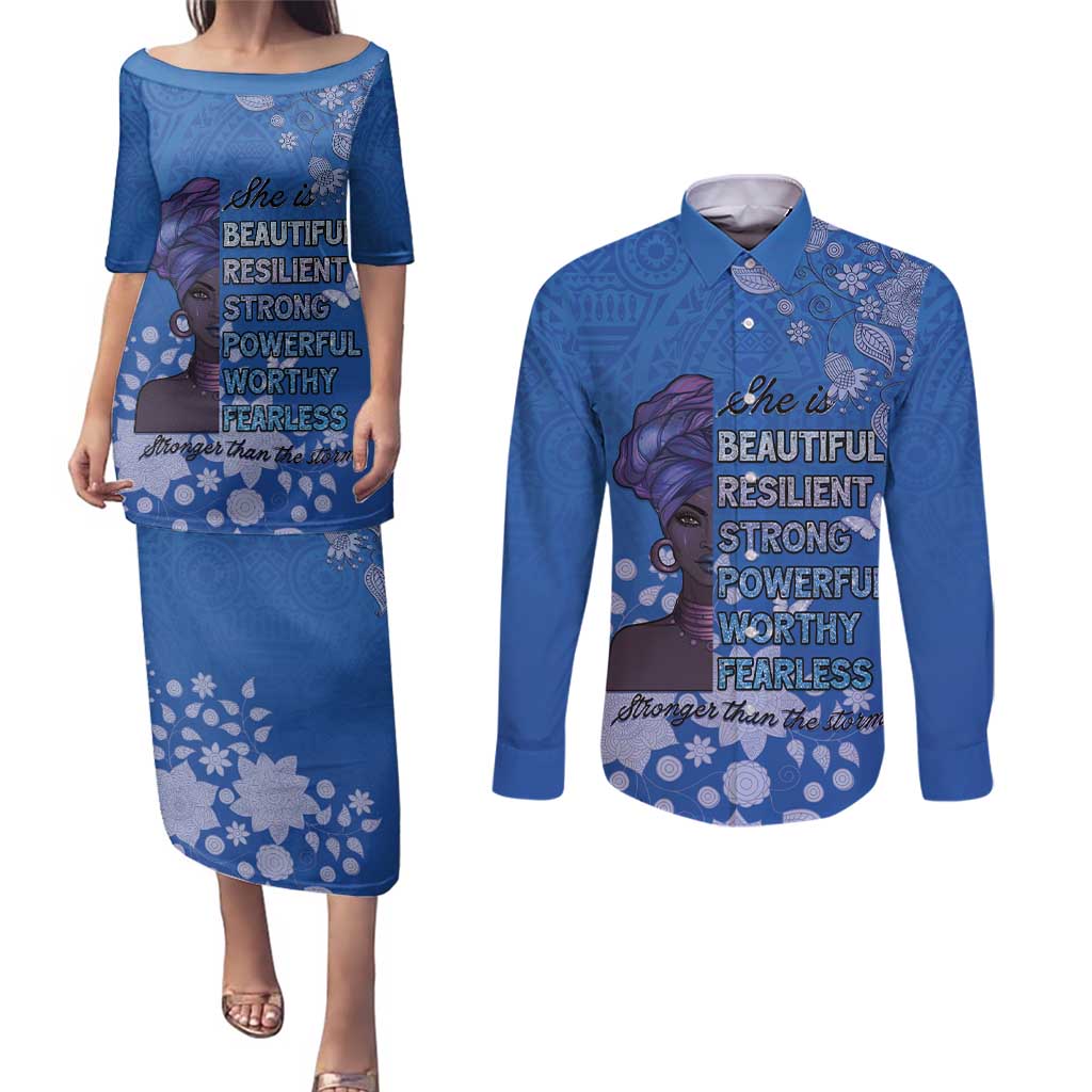 African Women Couples Matching Puletasi and Long Sleeve Button Shirt Black Beautiful Brave and Bressed - Blue Color - Wonder Print Shop