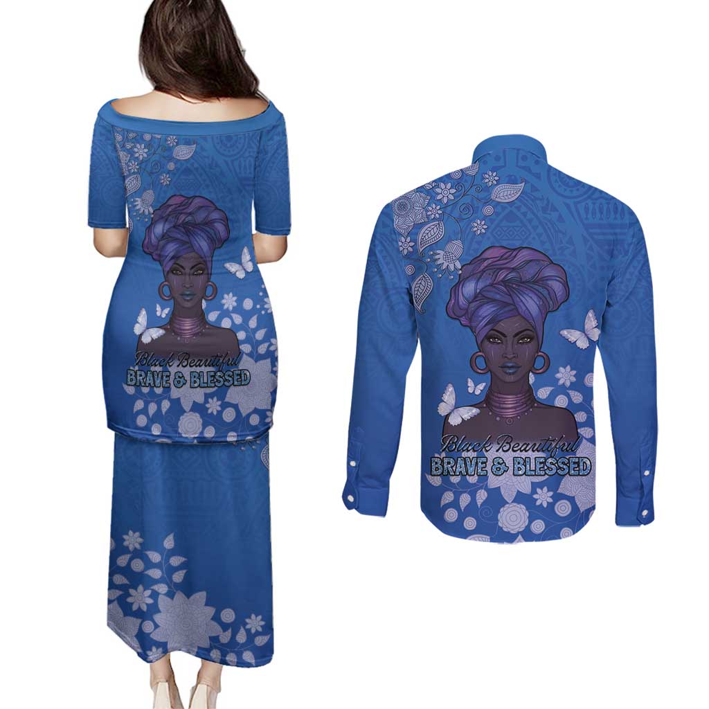 African Women Couples Matching Puletasi and Long Sleeve Button Shirt Black Beautiful Brave and Bressed - Blue Color - Wonder Print Shop