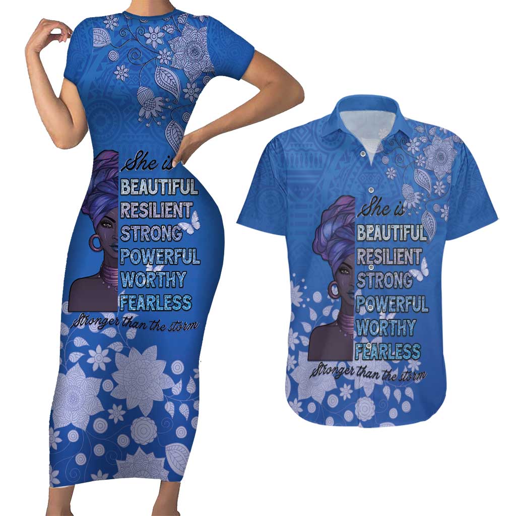 African Women Couples Matching Short Sleeve Bodycon Dress and Hawaiian Shirt Black Beautiful Brave and Bressed - Blue Color - Wonder Print Shop