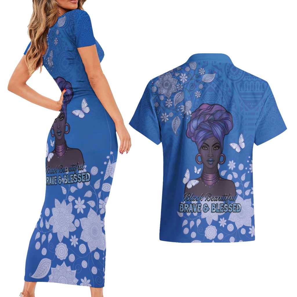 African Women Couples Matching Short Sleeve Bodycon Dress and Hawaiian Shirt Black Beautiful Brave and Bressed - Blue Color - Wonder Print Shop