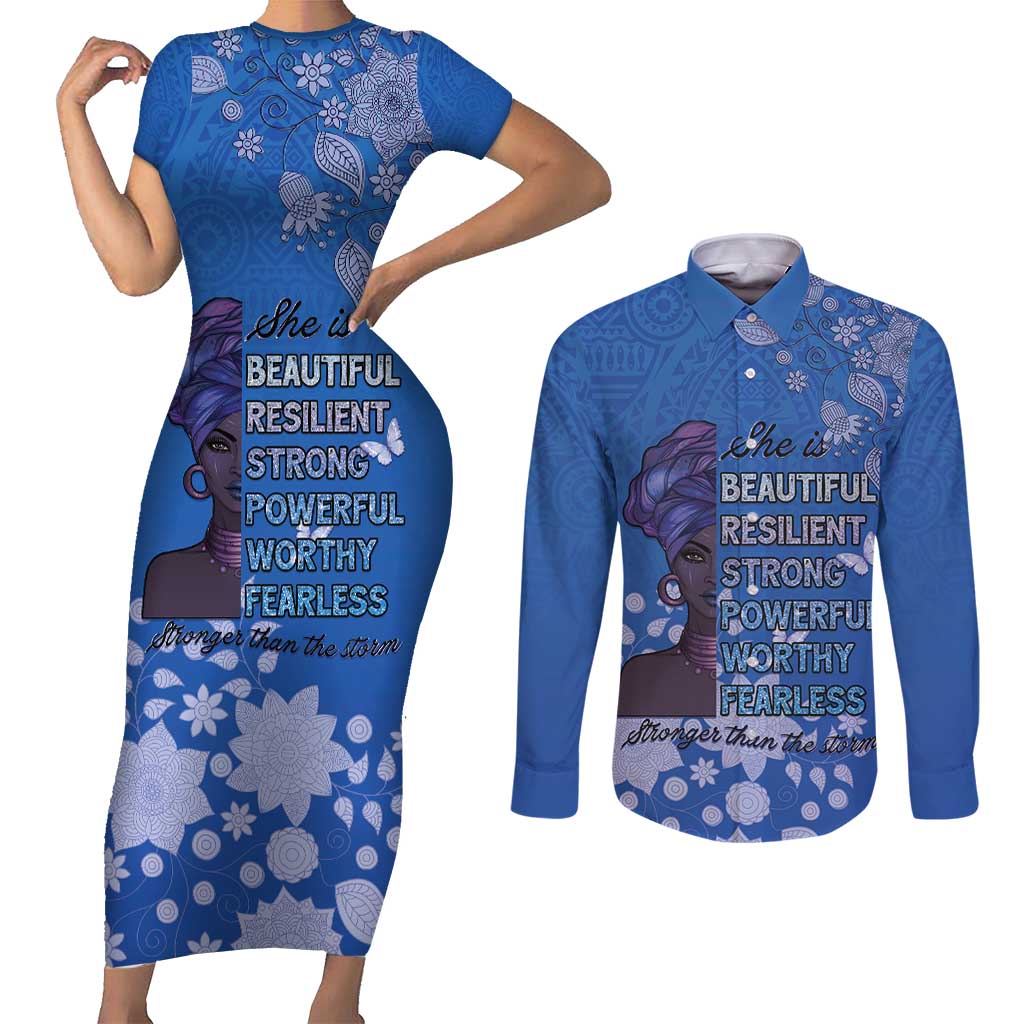 African Women Couples Matching Short Sleeve Bodycon Dress and Long Sleeve Button Shirt Black Beautiful Brave and Bressed - Blue Color - Wonder Print Shop