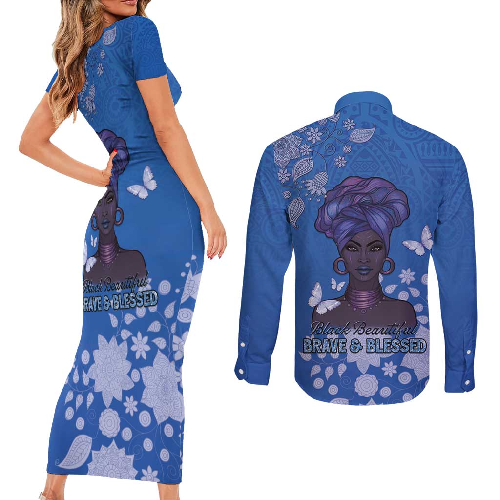 African Women Couples Matching Short Sleeve Bodycon Dress and Long Sleeve Button Shirt Black Beautiful Brave and Bressed - Blue Color - Wonder Print Shop
