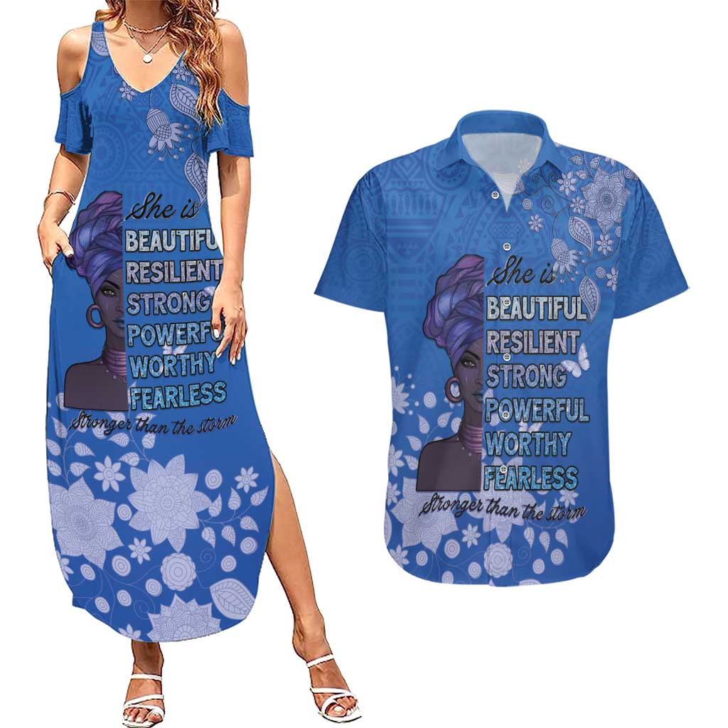 African Women Couples Matching Summer Maxi Dress and Hawaiian Shirt Black Beautiful Brave and Bressed - Blue Color - Wonder Print Shop