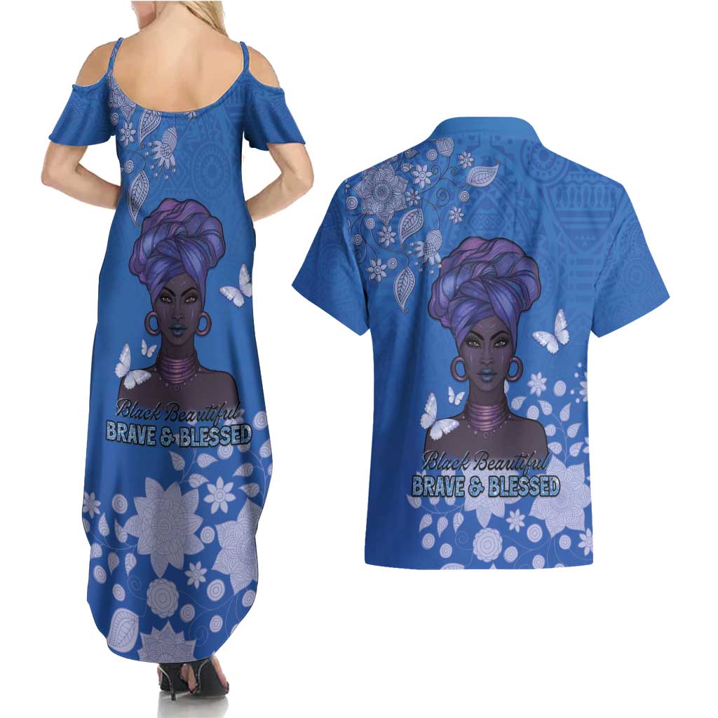 African Women Couples Matching Summer Maxi Dress and Hawaiian Shirt Black Beautiful Brave and Bressed - Blue Color - Wonder Print Shop
