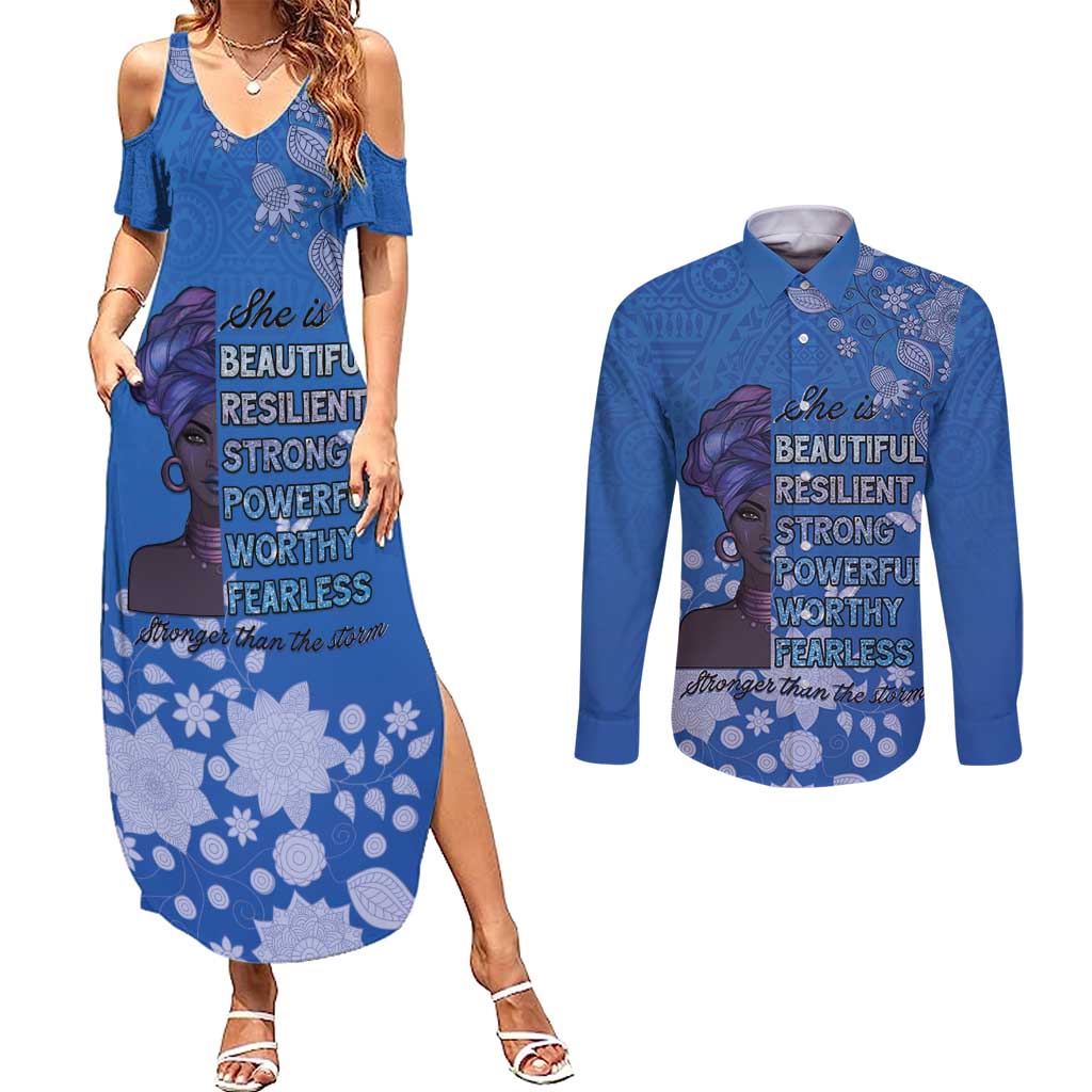 African Women Couples Matching Summer Maxi Dress and Long Sleeve Button Shirt Black Beautiful Brave and Bressed - Blue Color - Wonder Print Shop