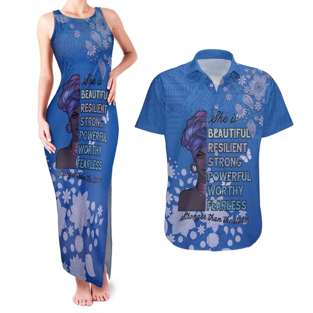 African Women Couples Matching Tank Maxi Dress and Hawaiian Shirt Black Beautiful Brave and Bressed - Blue Color - Wonder Print Shop