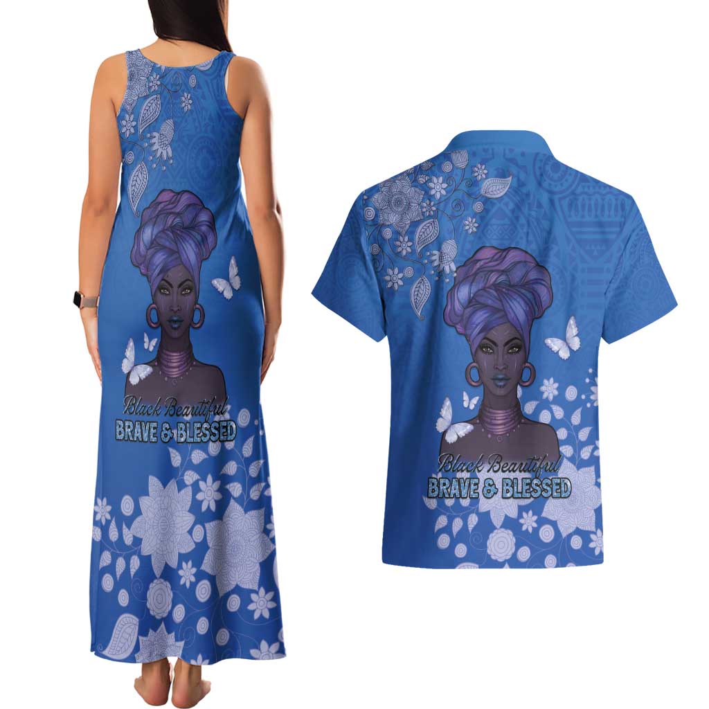 African Women Couples Matching Tank Maxi Dress and Hawaiian Shirt Black Beautiful Brave and Bressed - Blue Color - Wonder Print Shop
