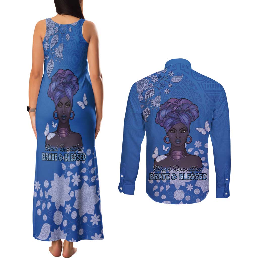 African Women Couples Matching Tank Maxi Dress and Long Sleeve Button Shirt Black Beautiful Brave and Bressed - Blue Color - Wonder Print Shop