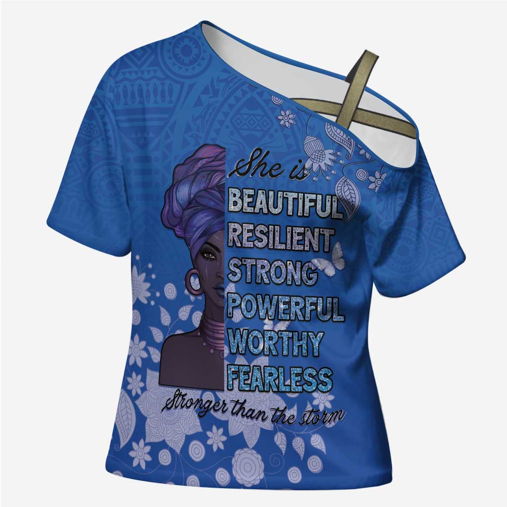 African Women Cross Shoulder Shirt Black Beautiful Brave and Bressed - Blue Color - Wonder Print Shop