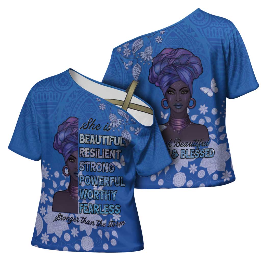 African Women Cross Shoulder Shirt Black Beautiful Brave and Bressed - Blue Color - Wonder Print Shop