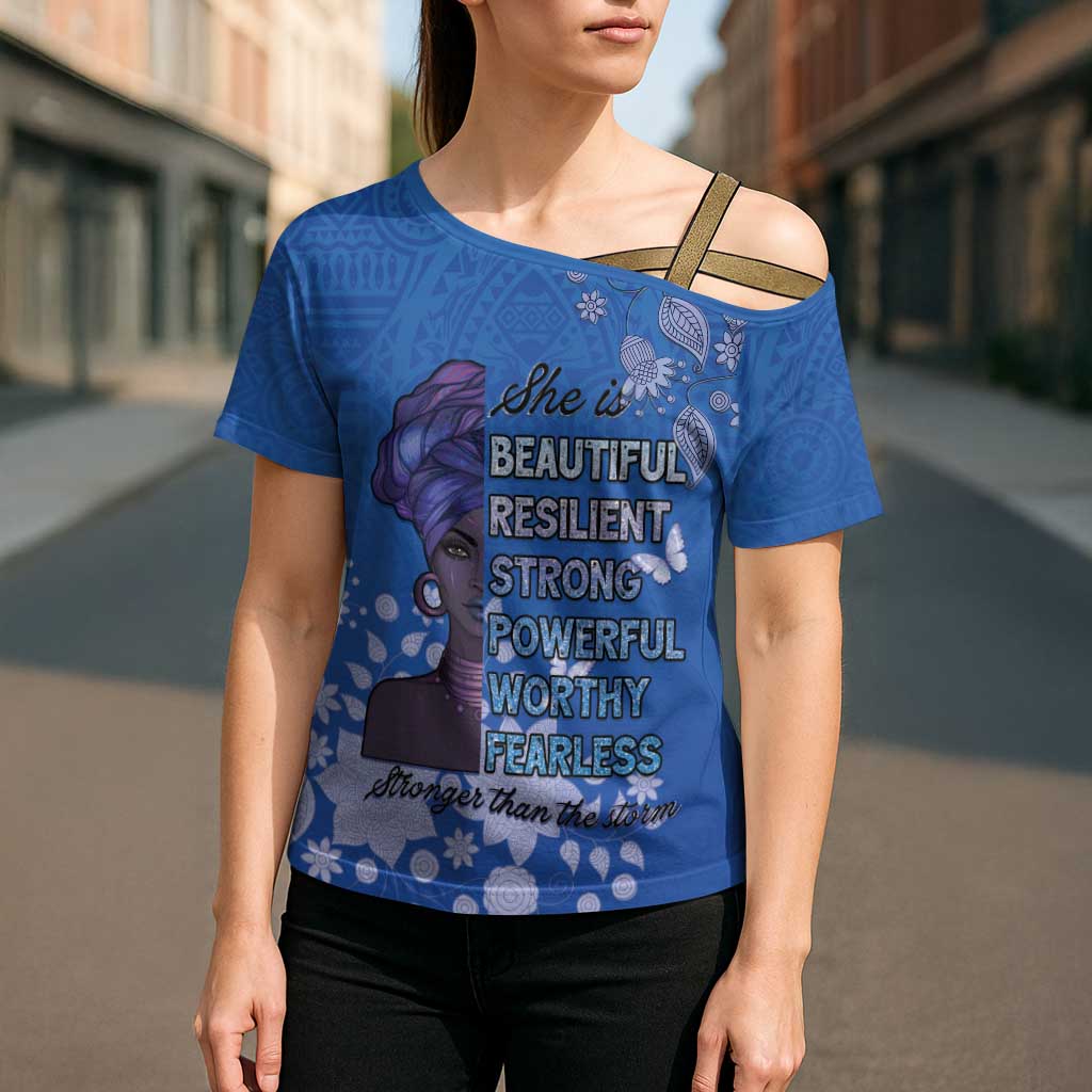 African Women Cross Shoulder Shirt Black Beautiful Brave and Bressed - Blue Color - Wonder Print Shop